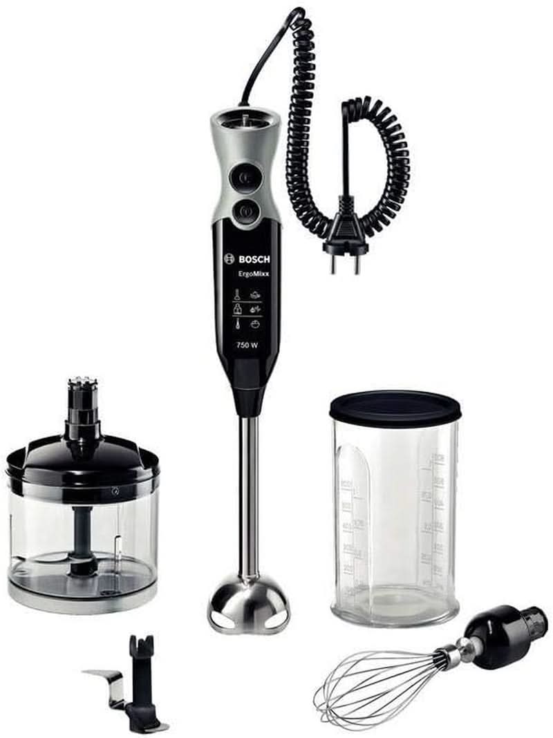 Bosch Stabmixer Ergomixx MSM67170, Edelstahl-Mixfuß, Universalzerkleinerer, Mix- Und Messbecher, Schneebesen, Ice-Crush-Klinge, Leichtes Gehäuse, 12 Stufen plus Turbostufe, 750 W, Schwarz/Grau Bucatarie Naty Shop