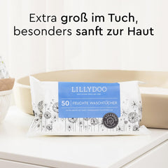 Șervețele umede LILLYDOO, 50 de bucăți, 100% fără plastic, șervețel extra mare, fără parfum