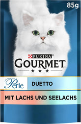 Hrană umedă pentru pisici Gourmet Perle Duetto cu somon și cod galben, pachet de 26 (26 x 85g)