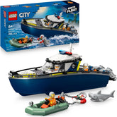 LEGO City Verfolgungsjagd im Polizeiboot – Spielset mit schwimmfähigem Schnellboot, Schlauchboot des Ganoven, 3 Mini-Figuren und Einer Haifigur – Geschenk für Jungen und Mädchen ab 6 Jahren – 60456
