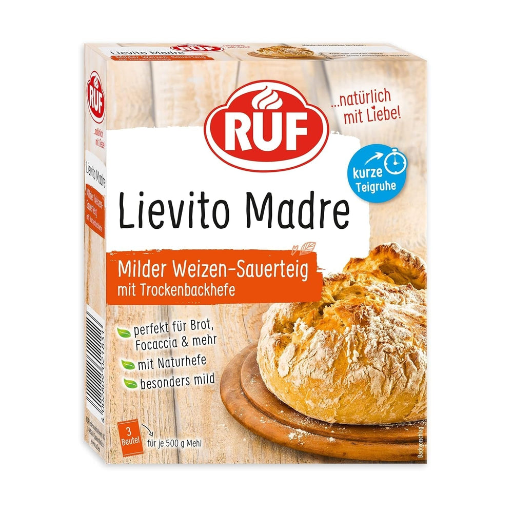 RUF Lievito Madre Sauerteig, Milder Weizen-Sauerteig, Mutterteig, Kurze Teigruhe Durch Enthaltene Trockenhefe, Lievito Madre Getrocknet Für Brot, Baguette, Focaccia, 3X35G Mischung zum Backen und Kochen Naty Shop 35 G (3Er Pack) Kurze Teigruhe
