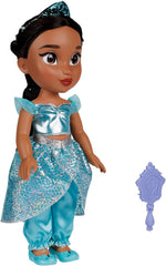 Disney Princess Jasmin Puppe 35cm, reflektierende Glitzeraugen, bewegliche Gelenke, ausziehbares Outfit, Schuhe, Krone, langes geflochtenes Haar, für Mädchen ab 3 Jahren