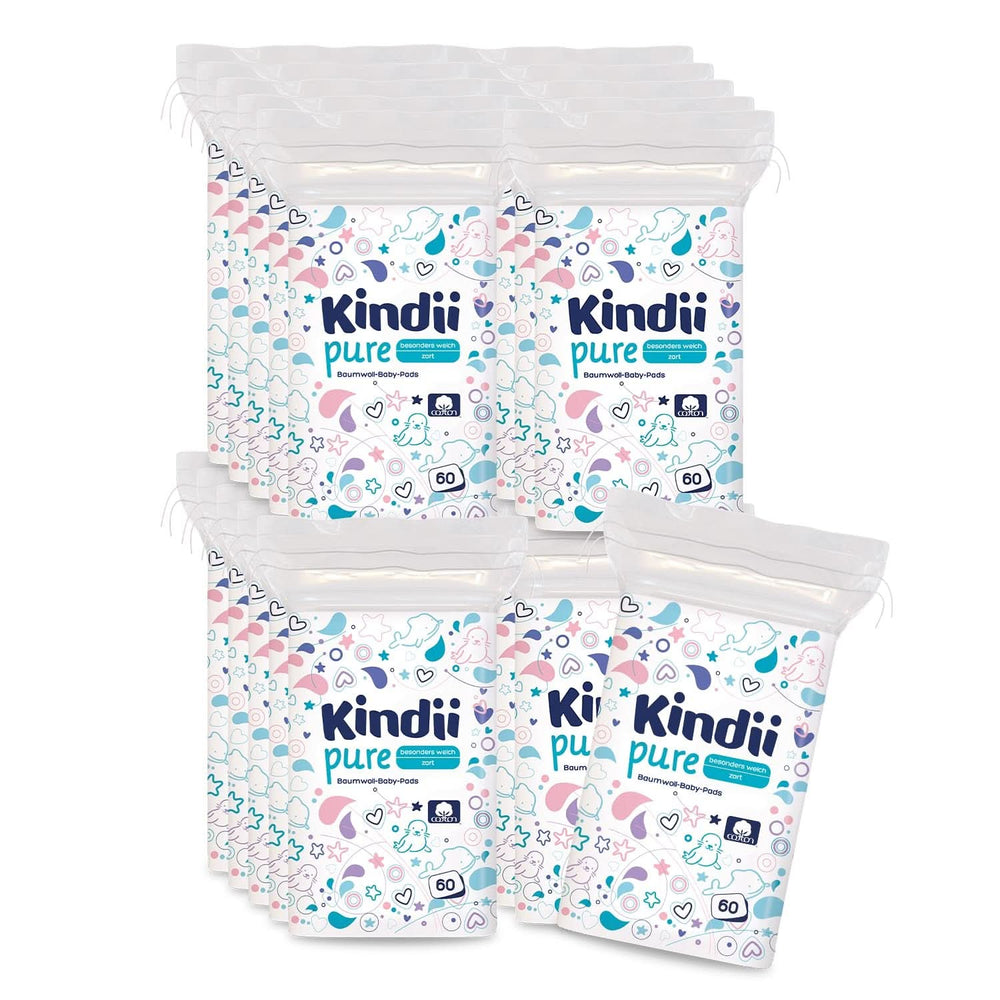Kindii Pure Baby Pads – 100 % Baumwolle – Große quadratische Pads für empfindliche Haut – Ersetzt Feuchttücher – Weich – Weiche Kanten Baby-Feuchttücher Naty Shop 60