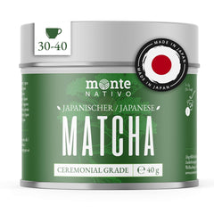 Pudră de matcha ceremonială Monte Nativo (40 g) - perfectă pentru ceai matcha, latte și smoothie - ceai verde din Japonia - calitate ceremonială, în cutie metalică - 100% pură, fără gluten, măcinată fin
