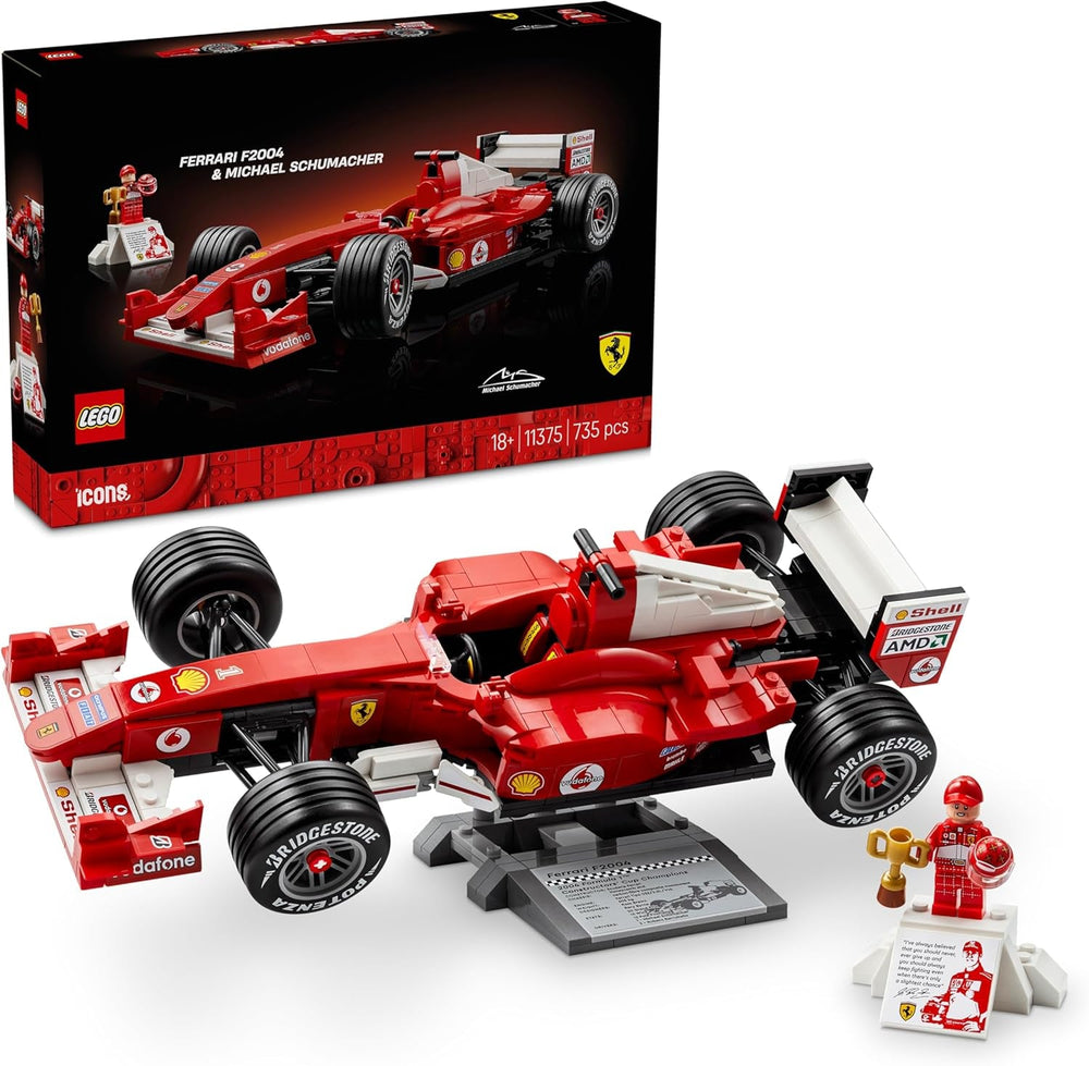 LEGO Icons Ferrari F2004 und Michael Schumacher - F1 Rennwagen Modellbau für Erwachsene - F1 Modellauto Set mit V10-Motor & sammelbarer Fahrer Minifigur - Formel 1 Geschenk zum Vatertag - 11375