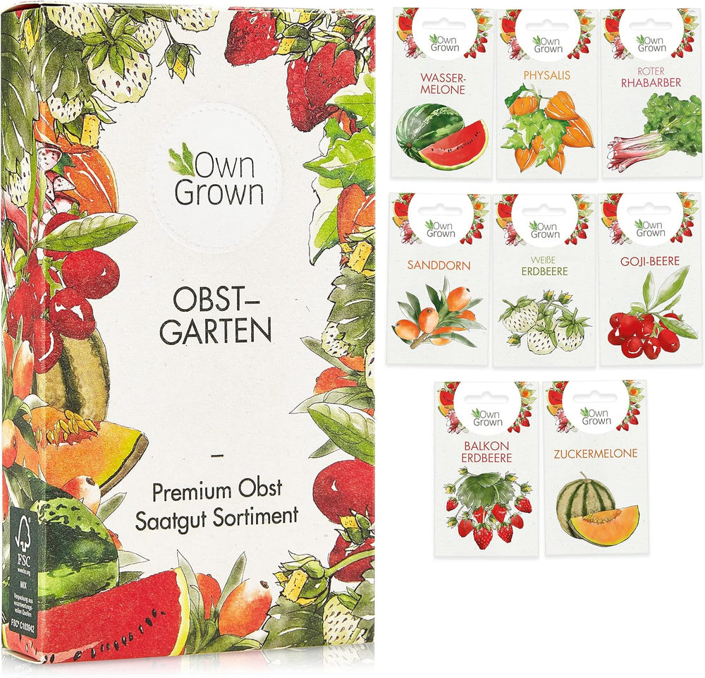 Set de semințe de fructe: Semințe premium de grădină cu 8 varietăți de plante fructifere pentru grădină și balcon – semințe de pepene verde, semințe de căpșuni, agrișe, rubarbă și multe altele – Set cadou cu semințe de fructe de la OwnGrown