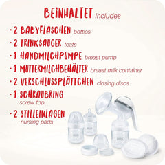 Pompă de sân manuală NUK Nature Sense | Set de alăptare cu pompă de sân manuală, biberoane și tampoane de alăptare Ultra Dry Comfort | 6 piese Accesorii Hrana si Alaptare Bebe Naty Shop