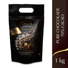 Bile de ciocolată extra neagră Lindt LINDOR și biluțe de ciocolată cu cremă de căpșuni LINDOR | pungă resigilabilă de 1 kg | aprox. 80 de biluțe de ciocolată albă cu cremă de căpșuni