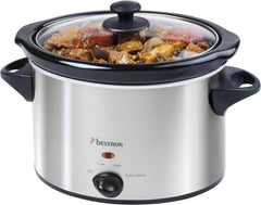 Bestron Slow Cooker mit Keramikpfanne und Glasdeckel, 3-Stufen-Thermostat, ideal für viele Gerichte wie Fleisch, Suppen und Gemüse, 3,5 Liter, Farbe: Silber Slow Cooker Naty Shop Silver 4 Personen