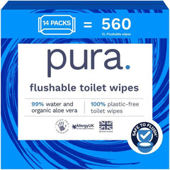 Șervețele umede ecologice, de unică folosință, 560 de șervețele (14 x 40 de șervețele), pachet lunar, 100% fără plastic, 99% apă, șervețele umede sensibile și îngrijitoare, certificate „Fine to Flush”, biodegradabile, vegane