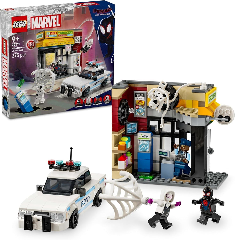 LEGO Marvel Spider-Verse: Miles Morales Vs. Spot – Superhelden-Spielset mit Spielzeugauto – 4 Minifiguren und Minimarkt – Geschenk für Jungen und Mädchen ab 9 Jahren. 76311 Bausets. Besuchen Sie den LEGO-Store. Standardtitel