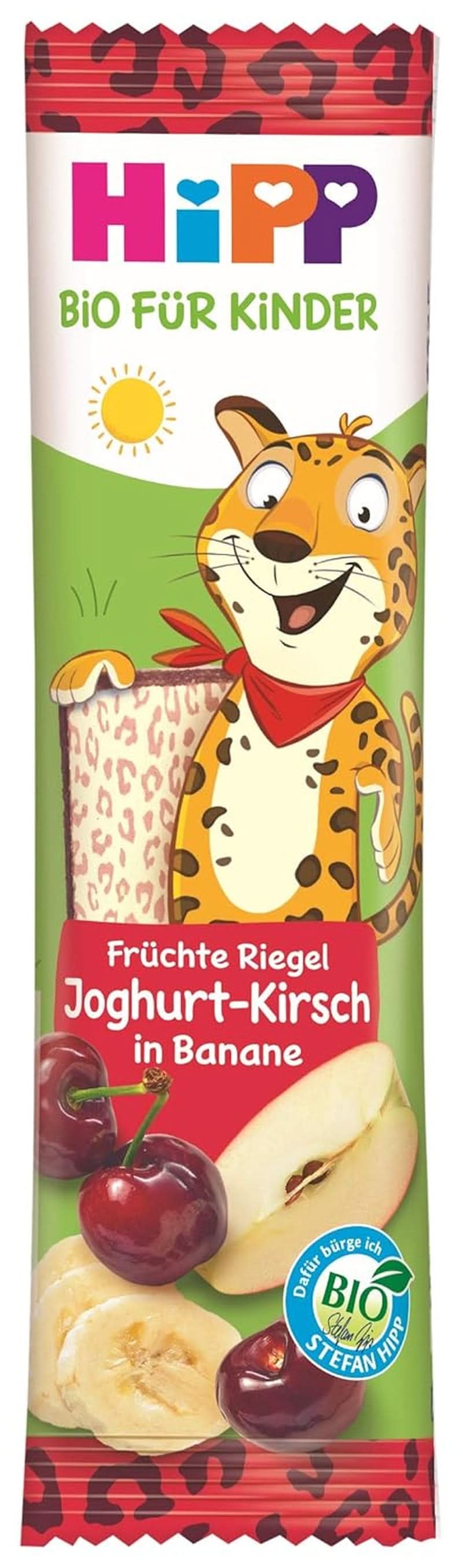 Bio Hipp Fruit-Friend Leopard Riegel, Joghurt-Kirschen in Bananenpüree, 22 x 23g Mutter und Kind Naty Shop 22 x 23 Gramm Joghurt, Kirschen in Bananenpüree