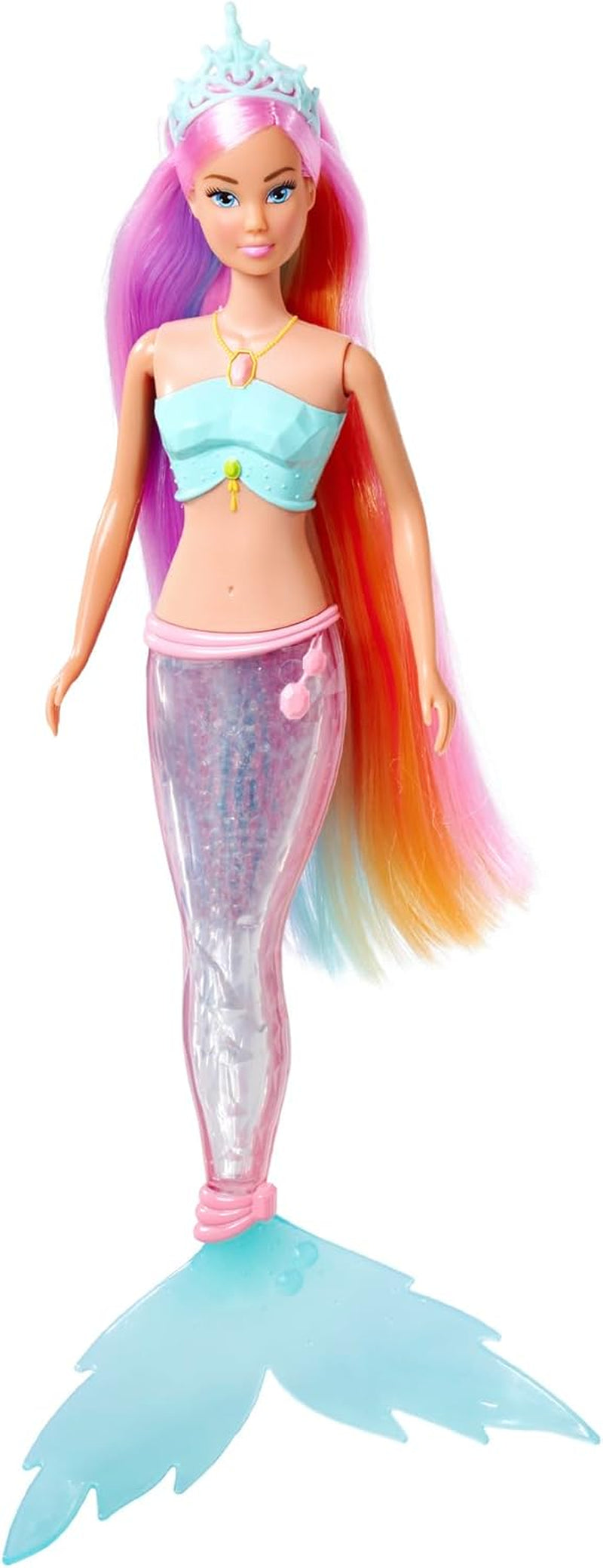 Steffi Love Sirena Curcubeu Magic, păpușă sirenă cu funcție de lumină curcubeu magică și păr extra lung, 39 cm, vârste 3+