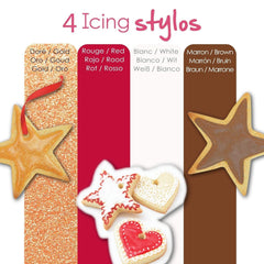 Scrapcooking – 4 markere pentru piese: auriu, ciocolatiu, alb și roșu – pixuri decorative comestibile pentru scris și desenat pe deserturi, prăjituri și biscuiți