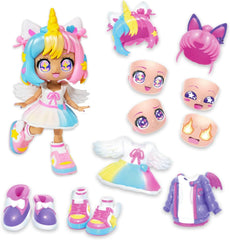 BANDAI - Animakii Einhorn und Fledermaus - Set Personalisierbare Puppen - 1 Puppe, 4 Gesichter, 2 Frisuren, 2 Outfits, 2 Paar Schuhe - Kreatives Spielzeug ab 5 Jahren - HEA26348