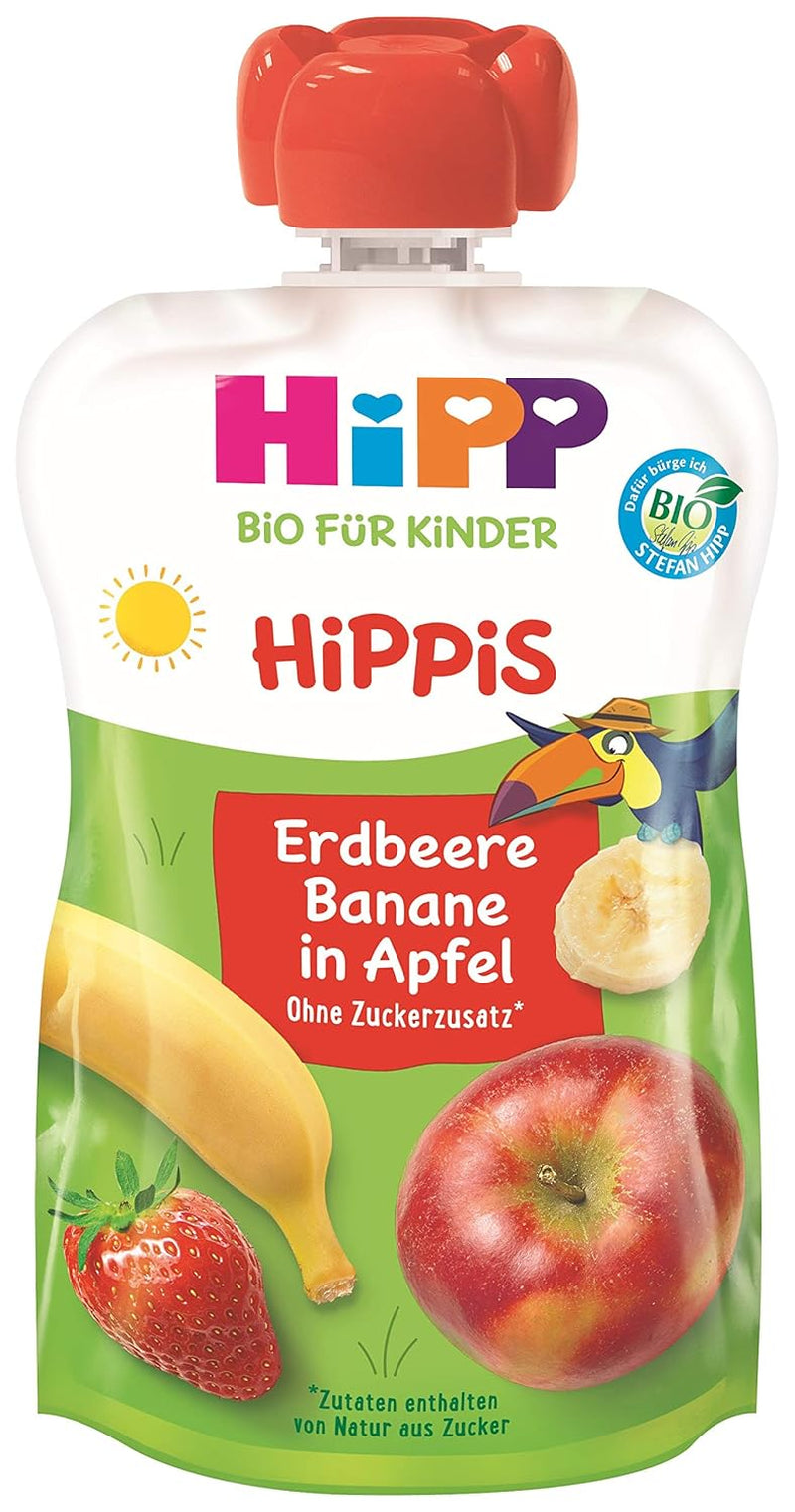 HiPP Organic pentru Copii HiPPiS Căpșuni-Banană în Măr - Theo Toucan, 100g