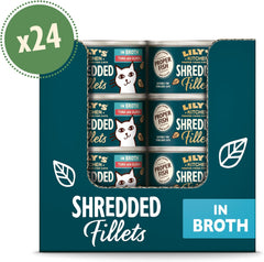 Fileuri tocate în bulion cu ton și somon, preparate cu ingrediente naturale, Lily's Kitchen, hrană umedă pentru pisici adulte, cutie de 70 g