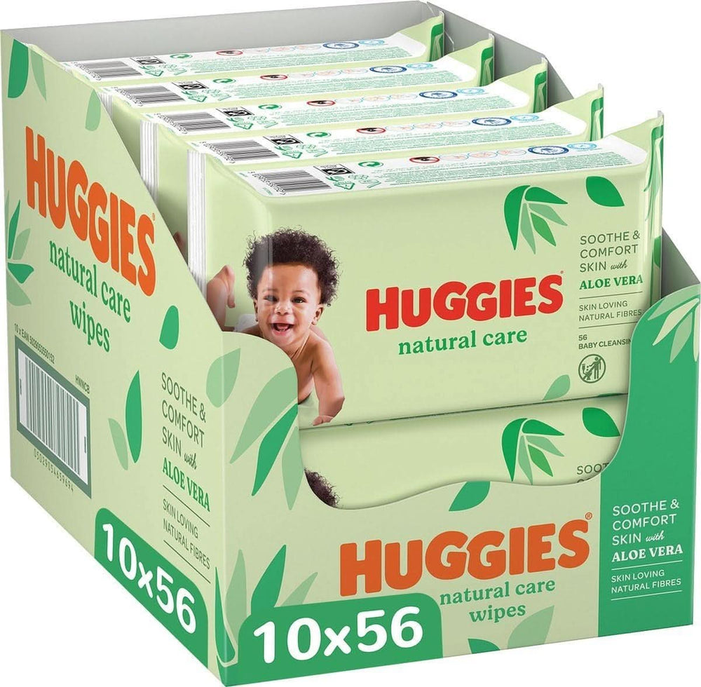 Huggies® Natural Care Baby-Feuchttücher, 10 x 56 Tücher, hergestellt aus Hautpflegefasern für eine gesunde Haut, angereichert mit Aloe Vera Baby-Feuchttücher Naty Shop