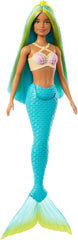 Barbie Meerjungfrau-Puppe mit fantasievollem zweifarbigem Haar in Blau und Gelb, Haarband, Puppe mit Muscheloberteil und türkisfarbener Schwanzflosse, HRR03