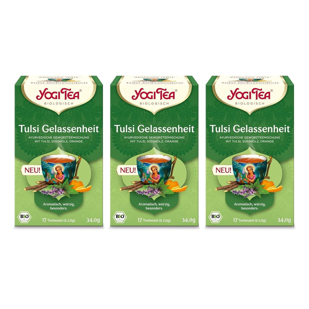 Yogi Tea - Tulsi Serenity, ceai ayurvedic din plante bio, fără cofeină din natură, amestec de tulsi - busuioc „sfânt”, lemn dulce și portocală, Yogi Tea pachet de 3, 3X17 pliculețe (51 pliculețe de ceai)
