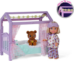 Simba Evi Love Teddy Bed, Spielpuppe im Schlafanzug mit Schlafmaske, Flauschiger Decke, Teddy und Bett mit Glow in the Dark, 12cm, ab 3 Jahren