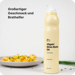 Vilgain Ghee Spray mit Avocadoöl | Laktosefrei, zum Kochen & Backen | Rauchpunkt 195°C, herzgesund, BRC-zertifiziert | Ideal für laktoseempfindliche Menschen Geschmacks-Harmonie, 200ml