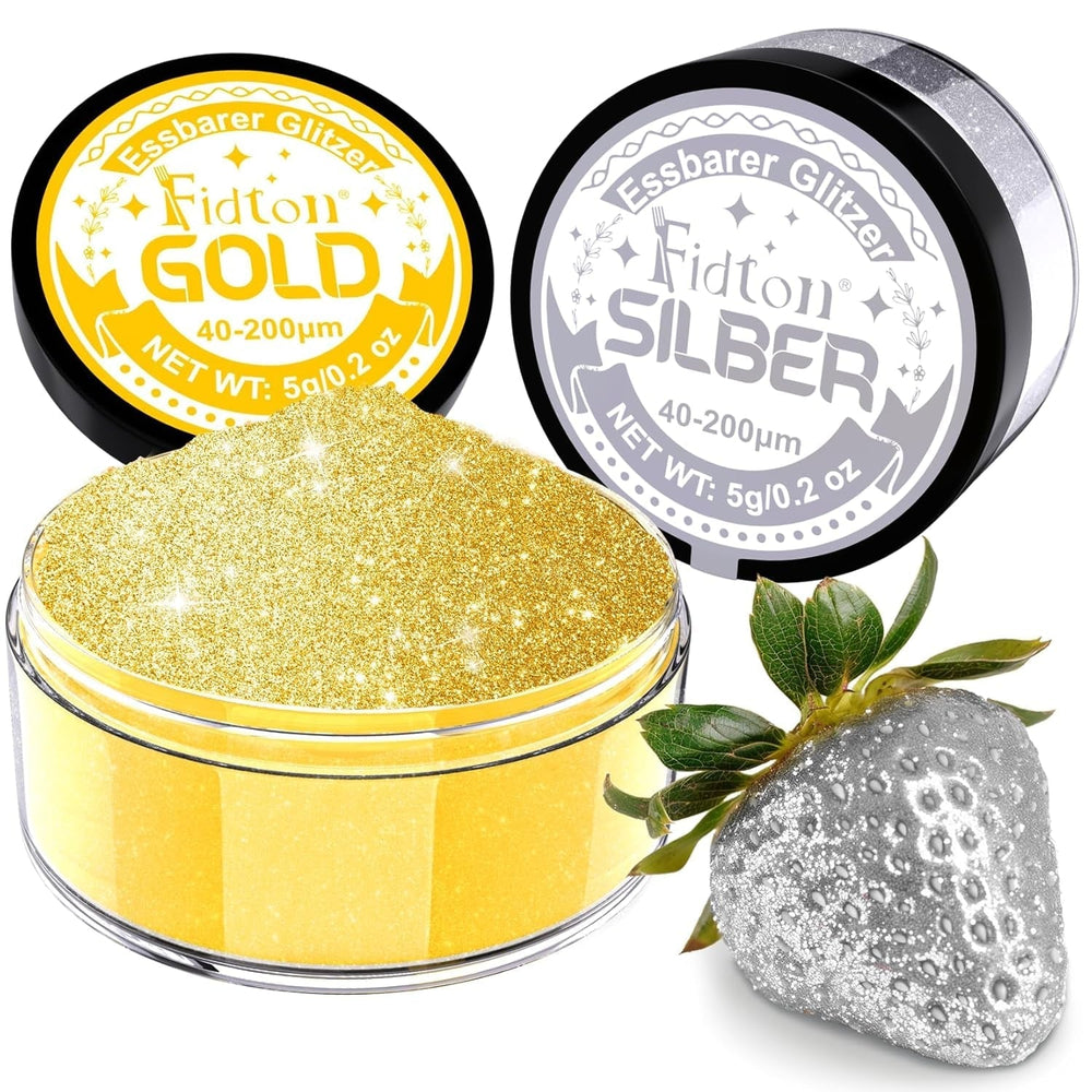 Sclipici comestibil pentru băuturi - Set de colorant alimentar pudră Fidton cu 2 culori, Sclipici comestibil pentru prăjituri, Fondant auriu, Gogoașă, Sclipici comestibil pentru băuturi, Cocktail, Aur și argintiu comestibil - 5 g