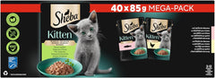 Hrană umedă Sheba pentru pisoi, în pliculețe variate, cu somon (MSC) și pui în sos, pachet multiplu 40x85g