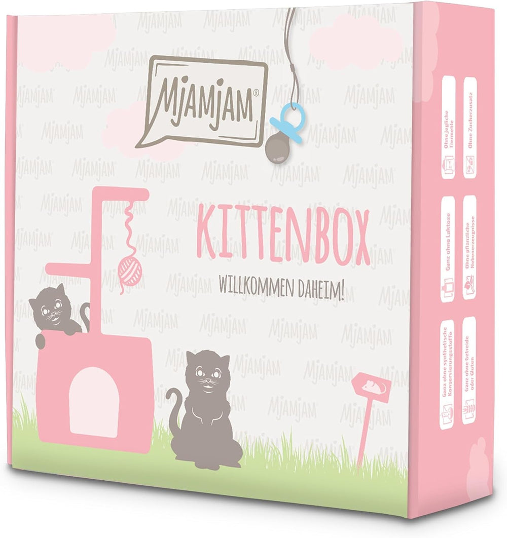 MjAMjAM - Hrană umedă premium pentru pisici - Cutie pentru pisoi - 3x Pui cu ulei de somon și 3x Vițel cu ulei de somon, pungă cu hrană, pix, capac cutie, pachet de 6 (6 x 200 g)