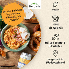 Herbaria Obazd is! bio 90g M-Dose – Bio-Gewürzmischung bayerischen Biergartenklassiker Obazda – für Brotaufstriche, Käsegerichte, Käsefondue – Raclette Gewürz - in nachhaltiger Aromaschutz-Dose