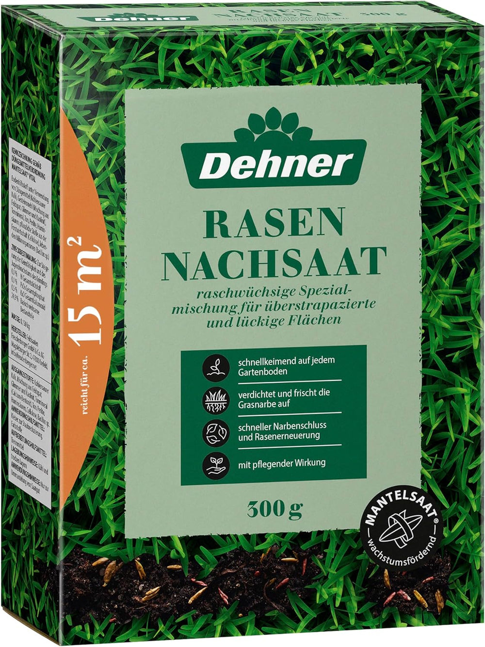 Dehner Saatgut Rasen-Nachsaat, Trockenrasen, Hochwertige Saatgutmischung, Raschwüchsig/Schnellkeimend, 300 G, Für Ca. 25 M², Natur