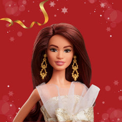 Barbie Signature Puppe, 2025 Holiday, dunkelhaarige Modepuppe mit Kleid in Silber und Gold, saisonale Sammlerpuppe in Einer Verpackung zum Ausstellen und mit Puppenständer, JBJ02