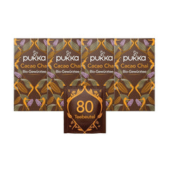 Set de ceai Pukka, ceai cu condimente bio „Cacao Chai”, cacao, scorțișoară, cardamom, rădăcină de cicoare, pentru momente de relaxare, pachet de 4, 80 pliculețe de ceai