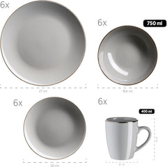 MÄSER Ramă metalică, Set de veselă modern pentru 6 persoane cu ramă de culoarea alamei, Serviciu combinat cu 24 de piese cu forme de cupe fără ramă, Gresie, Gri