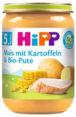 Hipp Zuckermais mit Kartoffelpüree und Bio-Truthahn, 6er-Pack (6 x 190 Gramm) Mother and Baby Naty Shop 6 x 190 Gramm Mais mit Kartoffelpüree und Bio-Truthahn mit Omega 3