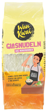 Wan Kwai Glasnudeln 100g – asiatische Gourmet-Vielfalt! Glutenfrei, hergestellt aus Mungobohnenstärke und Wasser. Ideal für Suppen, Wok-Gerichte und Salate. Zarte Textur, in 5 Minuten fertig.