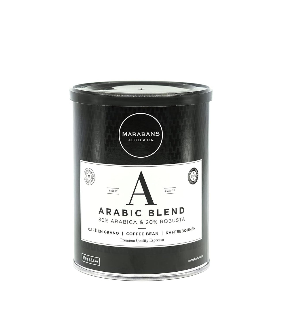 Boabe de cafea Marabans Arabic Blend, cutie de 250 de grame, 80% Arabica, 20% Robusta, 100% prăjire naturală.