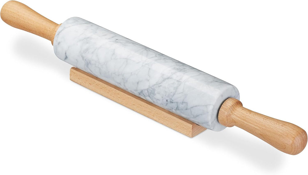 Relaxdays Sucitor de aluat din marmură, mânere din lemn, rolă de copt rezistentă, 48 cm, alb