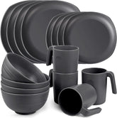 Set de veselă din PP | Set de veselă ușor și indestructibil, format din 16 piese, pentru copii și adulți, set combinat de masă cu 4 farfurii, 4 farfurii de desert, 4 boluri, 4 cești pentru 4 persoane