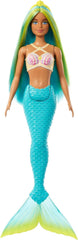 Barbie Meerjungfrau-Puppe mit fantasievollem zweifarbigem Haar in Blau und Gelb, Haarband, Puppe mit Muscheloberteil und türkisfarbener Schwanzflosse, HRR03