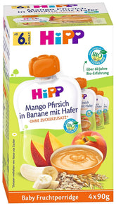 Hipp Quetschbeutel für Babys, Fruchtbrei, Pfirsich-Mango in Banane mit Hafer, 100 % Bio-Früchte ohne Zuckerzusatz, 4 x 4 Beutel à 90 g Mutter und Kind Naty Shop 16 x 90 Gramm Fruchtbrei Mango-Pfirsich in zerdrückter Banane mit Hafer