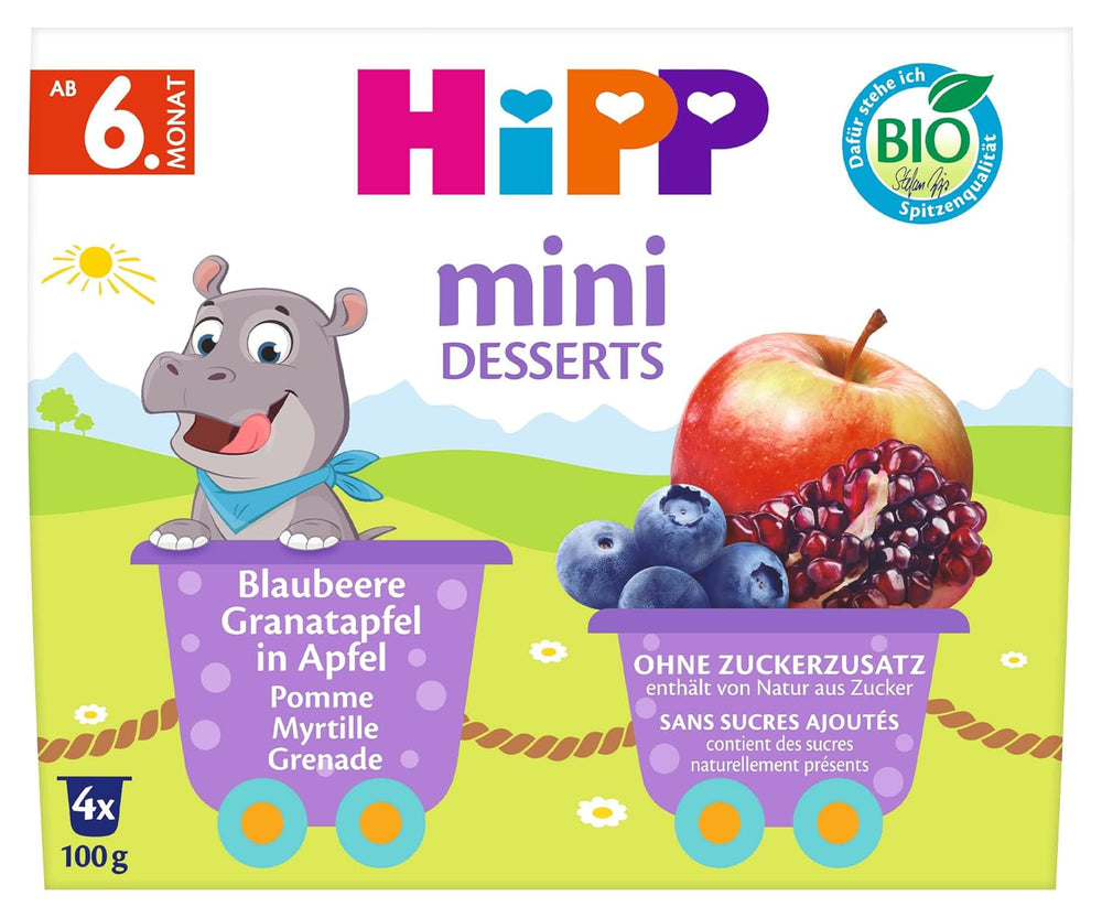HiPP Mini Desert Organic cu Afine și Rodie în Aromă de Măr (pachet de 6 x 4 x 100 g), de la 6 luni, în cupe practice, fără zahăr adăugat, de cea mai bună calitate organică