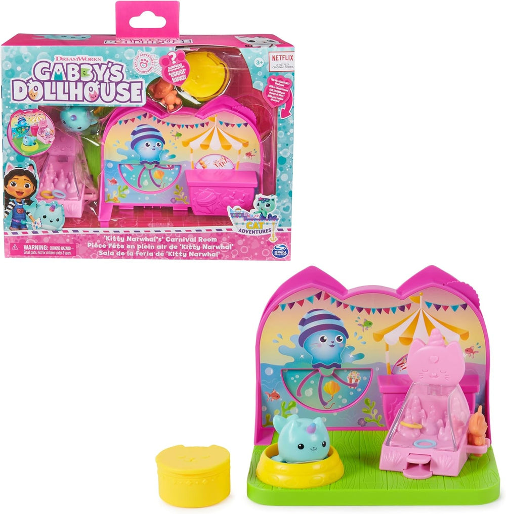 DREAMWORKS CASA DE PĂPȘI A LUI GABBY - Set de joacă Deluxe Room, cameră de petrecere cu Kitty Narwhale, mobilier și accesorii tematice, vârste 3+