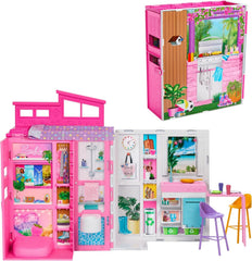 Barbie-Puppenhaus Spielset, Ferienhaus mit 4 Spielbereichen, darunter Küche, Badezimmer, Schlafzimmer und Lounge, 11 Deko-Zubehörteile, HRJ76