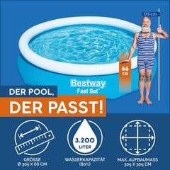 Piscină supraterană Bestway Fast Set fără pompă 305 x 66 cm, albastră, rotundă (57456)