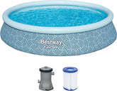 Set piscină supraterană Bestway Fast Set cu pompă de filtrare, Ø 396 x 84 cm, 7.340 litri, material TriTech cu 3 straturi, design grafic cu linii, autoasamblare, pompă de filtrare, cartuș de filtrare, plasture de reparare