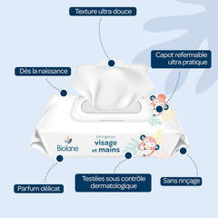 BIOLANE - Șervețele umede pentru bebeluși pentru față și mâini – Pachete de 6 – 384 șervețele (6 x 64 cm) – Curăță și protejează – Toaletă – Hipoalergenice – Pentru piele sensibilă – Ingrediente 97% naturale – Fabricate