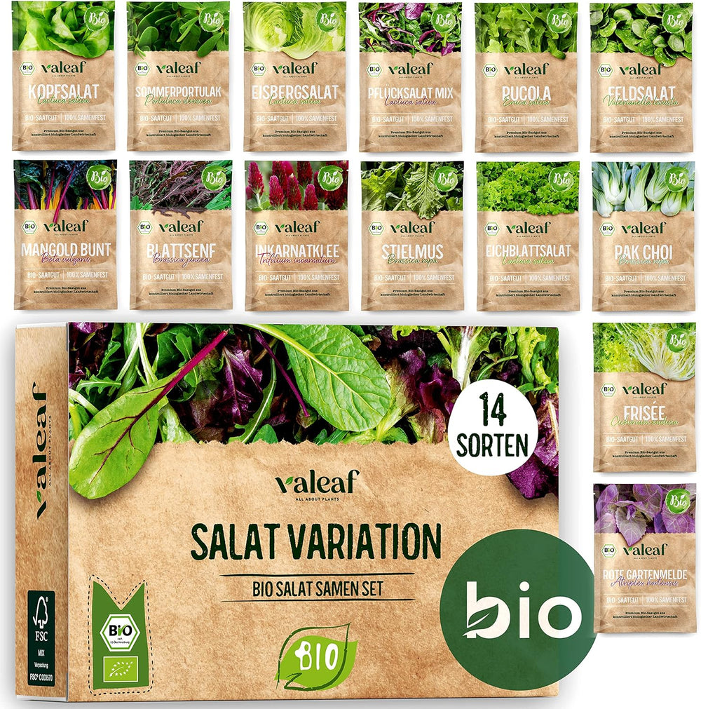 BIO Salat Samen Set - 14 Sorten Salatsamen Aus Biologischem Anbau I Samenfestes Salat Saatgut I Bio Salat Set Für Balkon, Garten Und Hochbeet I 14Er Saatgut Gemüse Inkl. Gemüsesamen Alte Sorten