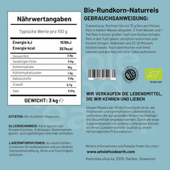 Orez brun cu bob scurt organic Wholefood Earth 3 kg, fără OMG, sursă vegană de fibre, provenit din agricultură organică controlată