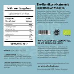 Wholefood Earth Bio-Rundkorn-Naturreis 3 kg, gentechnikfrei, vegane Ballaststoffquelle aus kontrolliert biologischem Anbau